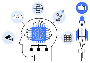 Robotik, bulut hesaplama, otomasyon, veri depolama, yenilik ve dijital etkileşime mikroçip bağlantısı olan beyin. Yapay zeka, makine öğrenimi, gelecekteki teknoloji otomasyonu için ideal.