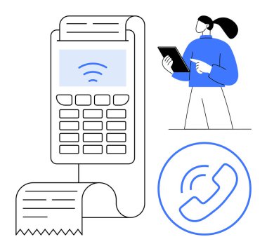 Faturalı kart okuyucu, temassız ödeme ikonu ve tablet tutan kadın. Ödeme, işlem, iş, finans, e-ticaret, teknoloji iletişimi için ideal basit iniş sayfası