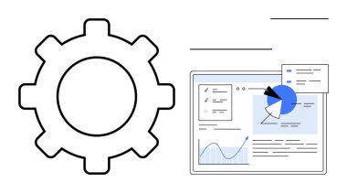 Grafikleri, grafikleri ve indirme seçeneklerini gösteren dijital bir gösterge panelinin yanında vites. Analiz, optimizasyon, veri takibi, ayarlar, teknoloji, iş sade iniş sayfası için ideal