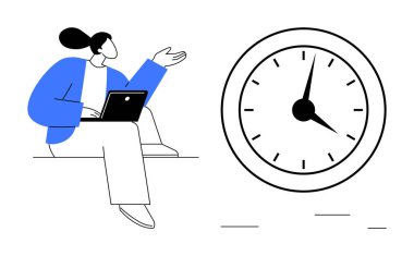Analog bir saatin yanında oturan dizüstü bilgisayarlı bir kadın. Zaman yönetimi, verimlilik, tartışma, planlama, iş hayatı dengesi, teslim tarihleri, takım işbirliği için ideal. Basit bir daire.