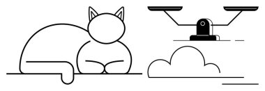 Kedi huzur içinde uzanıyor, bir bulut ve dengeleyici bir ölçek uyum, adalet ve sakinlik sergiliyor. Denge için ideal, adalet, doğa, rahatlama eşitlik sükunet basit düz metafor