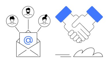 E- posta sembollü zarfı aç, bağlantı öneren kullanıcı simgeleri, ve ortaklığı simgeleyen tokalaşma. İşbirliği, ağ oluşturma, takım çalışması, sosyal yardım, iletişim, bağlantı için ideal