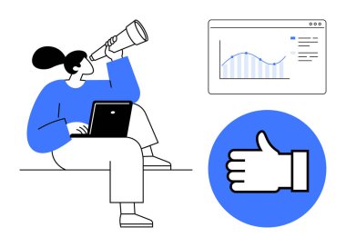 Diz üstü bilgisayar, veri analiz grafiği ve onaylama simgesi yanında teleskop kullanan bir kadın. Ticari büyüme, analitik, performans izleme, hedef belirleme, yaratıcılık, çevrimiçi pozitiflik için idealdir.