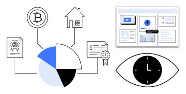 Bitcoin, emlak, sertifikalar ve analitik tarayıcı paneline bağlı turta grafiği. Göz ve saat izleme zamanı. Finans, veri, kripto para birimi ve gerçek analitik için ideal