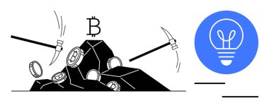 Kazmalar taşlara çarpıyor Bitcoin paraları çıkarıyor, kripto para madenciliğini ve yeniliği sembolize ediyor. Kripto para birimi, engelleme zinciri teknolojisi, dijital ekonomi, finansal kavramlar, yenilikler için ideal