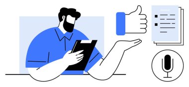 Onayını bildiren panosu olan bir adam. Baş parmak, kontrol listesi ve mikrofonla çizilmiş. Onaylama, geri bildirim, iletişim, görevler, ses kayıt ekibi yönetimi için ideal basit iniş