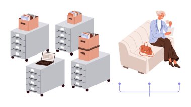Evraklar, kutular ve kanepeye oturmuş kağıtları inceleyen dizüstü bilgisayarlı bir kadın. Organizasyon, yönetim, iş hayatı dengesi, üretkenlik, ofis görevleri, belgeler için ideal