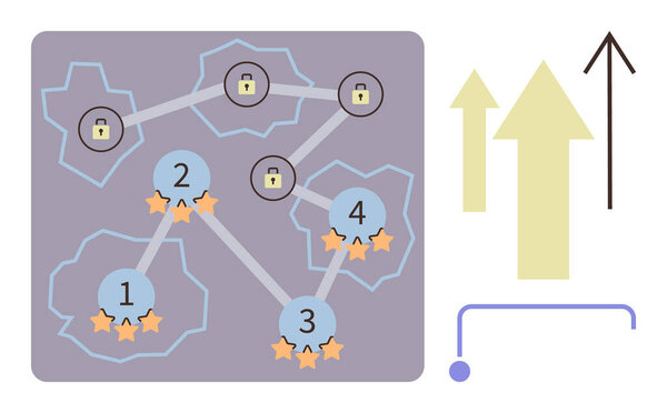 Номера узлов, соединенных путями, звёздными рейтингами, замками и стрелками, представляют прогресс, стратегию, цели, вызовы, достижения и поэтапный рост. Идеально подходит для планирования игрового образования