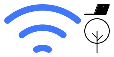 Asgari ağaç ve dizüstü bilgisayarın yanında mavi kablosuz sinyal simgesi. Teknoloji, bağlantı, uzak çalışma, çevre dostu yenilik, doğa entegrasyonu, esnek iş, basit düz metafor için ideal