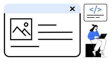 Web sayfası düzenini resim tutucu ve metin satırları ile aç, dizüstü bilgisayarın yanında geliştirici kodlaması. Web tasarımı, kodlama, UIUX, teknoloji, programlama, takım çalışması eğitimi için ideal. Basit düz metafor