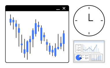 Candlestick tablosu hisse senedi eğilimlerini takip ediyor, zamanı sembolize eden analog saat, analitik için grafikleri olan gösterge paneli. Finansal planlama, zaman takibi, hisse senedi ticareti, tahmini, iş için ideal