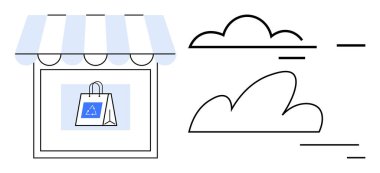 Basit bulut elementleri eşliğinde, çevre dostu kağıt torba sergilenen çizgili tenteli bir mağaza. Sürdürülebilirlik için ideal, çevrimiçi alışveriş, perakende, eko-ticaret, markalaşma, yeşil iş, basit
