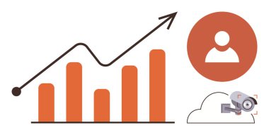 Yukarı yönlü çubuk grafiği, kullanıcı profili simgesi, bulut depolama ve güvenlik kamerası. Veri analizi, büyüme eğilimleri, kullanıcı analitiği, izleme ve teknoloji bulut hesaplaması için ideal