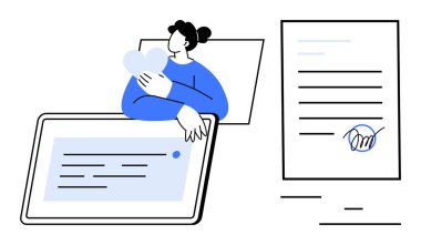 Tablet ile etkileşime girerken kalbi kucaklayan kadın imzalı belgeye bitişik metni gösteriyor. Teknoloji, sözleşmeler, dijitalleştirme, aşk, anlaşmalar, çevrimiçi güvenlik, basit iniş için ideal