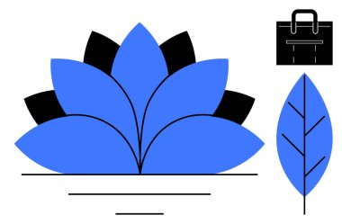 Katmanlı yapraklı nilüfer çiçekleri, yaprak çizgileri ve bavul ikonu. Denge için ideal, farkındalık, iş hayatı uyumu, büyüme, minimalizm üretkenlik başarısı. Basit düz metafor