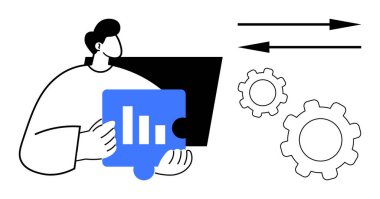 Çubuk çizelgesi tutan kişi, veri analizini sembolize eden oklar ve dişliler, takım işbirliği, iş akışı, süreç verimliliği, teknik çözümler, yenilik, basit iniş sayfası