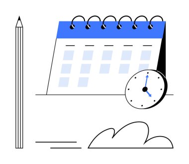 İşaretli tarihli yüzük takvimi ve saat zamanlamayı sembolize eder. Kalem planlamayı simgeler. Bulut basitlik ekler. Organizasyon, teslim tarihi, verimlilik, zaman yönetimi için ideal