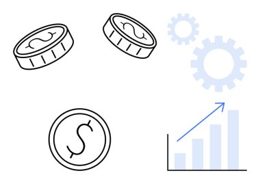 Yüzen madeni paralar, yükselen oklar, finansal büyümeyi, stratejiyi, karlılığı, teknolojiyi, ilerlemeyi, verimliliği ve yeniliği sembolize eden vitesler. Basit bir düz metafor.