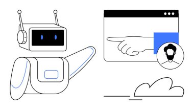 Robot, işaret eden bir el simgesi ve kullanıcı profili olan bir tarayıcı penceresine doğru hareket ediyor. Teknoloji, yapay zeka, otomasyon, müşteri hizmetleri, kullanıcı etkileşimi, makine öğrenimi, dijital bağlantı için ideal
