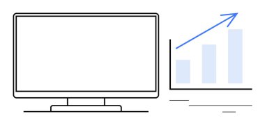 Yükselen çubukları ve yukarı doğru oku olan bir bar tablosunun yanındaki bilgisayar monitörü. İş için ideal, veri analizi, büyüme, teknoloji, pazarlama, eğitim, finans. Basit düz metafor