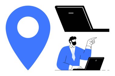 Harita işaretleyici, açık dizüstü bilgisayar ve işaret ederken profesyonelce çalışma. Navigasyon, uzaktan çalışma, konum hizmetleri, iş stratejisi, dijital araçlar, proje yönetimi için ideal basit düz metafor