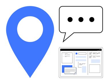 Mavi harita iğnesi, noktalı konuşma balonu, navigasyon için web arayüzü penceresi, dijital etkileşim ve tartışmalar. Konum, web tasarımı, bağlantı, işbirliği diyalog planlaması için ideal basit düz
