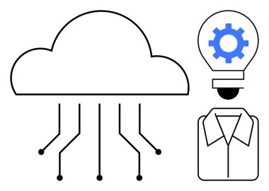 Devrelere bağlı bulut, bir ampulde dişli, ve gömlek ikonu yenilik, ağ oluşturma ve teknolojiyi görselleştirin. Veri depolama, IOT, yaratıcılık, mühendislik işyeri yeniliği için ideal basit