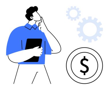 Tabletli bir işadamı dolar işaretine yakın düşünüyor, dişliler. Finans, planlama, karar verme, yenilik, analiz, girişimcilik verimliliği için idealdir. Temiz, düz metafor