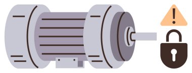 Şaftlı elektrikli motor, yanında da ünlem işareti ve asma kilit içeren bir uyarı üçgeni. Güvenlik tedbirleri, teçhizat bakımı, koruma, risk yönetimi ve tehlike için ideal
