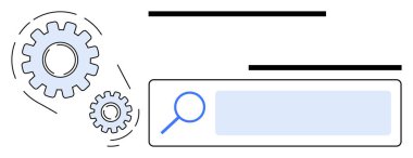 Bir arama çubuğunda büyüteç yanında birbirine bağlanan vitesler SEO işlemlerini gösteriyor. Teknoloji, strateji, takım çalışması, yenilik, araştırma, verimlilik için ideal, basit iniş sayfası