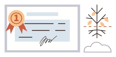 Kurdeleli ödül sertifikası, el yazısı imzalı ve yaprakları dökülen minimalist ağaç. Başarı, eğitim, tanınma, başarı, çevre, büyüme ve sürdürülebilirlik için ideal