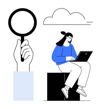 Blokta oturan bir kadın dizüstü bilgisayarda çalışıyor, büyüteçle büyük bir el, yukarıda bulut var. Araştırma, analiz, öğrenme, teknoloji, bulut hesaplama yaratıcılık eğitimi için ideal. Basit düz