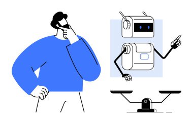 Denge terazisine doğru hareket eden bir robot asistanla uğraşırken düşünen bir adam. Teknoloji, yapay zeka etiği, karar verme, iletişim, insan-makine etkileşimi, yenilik, basit