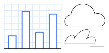 Şebeke arka planı ve soyut bulut elementleri üzerinde dikey bar şeması. Analiz, teknoloji, bağlantı, veri büyümesi, yenilik, iletişim, ölçeklenebilirlik, basit iniş sayfası için ideal