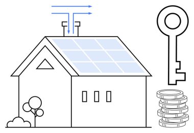 Güneş panelleri, hava akışı okları, bozuk paralar ve yenilenebilir enerji, eko-yaşam, finansal tasarruflar ve mülk mülkiyetini sembolize eden anahtar ev. Sürdürülebilirlik ve yeşil enerji finansmanı için ideal
