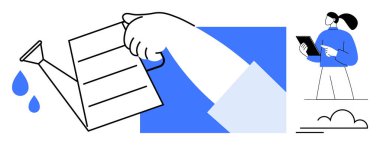 Elle sulanan su, düşen yağmur damlaları, ilerlemeyi analiz eden tablet uzmanı, minimalist bulut tasarımı. Büyüme, strateji, yetiştirme, yenilik, analiz için ideal