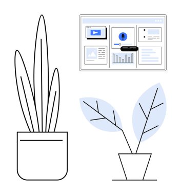 Çizgisel zarafeti olan saksılar ve modern tasarım için veri analizlerini gösteren bir web paneli. Çevre, iş, tasarım, yaratıcılık, üretkenlik, doğa, yaşam tarzı için idealdir. Basit.