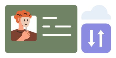 Yüz detaylarına sahip kullanıcı profili kartı ve veri alışverişi bulut simgesinin yanında metin. Siber güvenlik, kimlik doğrulama, çevrimiçi araçlar, bulut depolama, bilgi erişimi, ağ oluşturma, basit