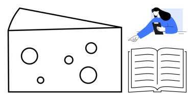 Dairesel delikleri olan peynir kaması, çizgileri olan açık kitap ve elinde klasör tutan profesyonel kadın. Eğitim, gıda endüstrisi, sunum, yaratıcılık, eğitim ve bilgi paylaşımı için ideal