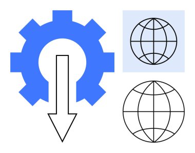 Aşağı bakan oklu mavi dişli, siyah çizgili küreler. Teknoloji, yenilik, küreselleşme, süreç, ağ oluşturma, kalkınma endüstrisi için idealdir. Basit düz metafor
