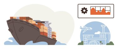 Kargo gemisi su üzerinde konteynırlarla dolu, havaalanı terminali uçakla dolu, ve analitik çizelgesi. Ticaret, taşımacılık, lojistik, ulaşım, uluslararası ticaret, navigasyon modern ekonomi için ideal