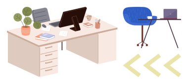 Monitörler, dizüstü bilgisayarlar, kitaplar, bitki, kahve fincanı ve malzemelerle dolu düzenli ofis masası, yan yana mavi sandalye. Üretkenlik için ideal, uzak çalışma teknolojisi eğitim minimalizmi