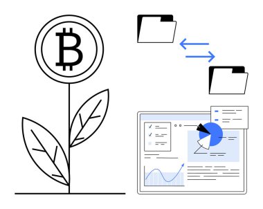 Bitcoin bitkisi büyümesi kripto para biriminin yükselişini, oklu veri paylaşımı dizinlerini, analitik gösterge panelini sembolize ediyor. Engelleme zinciri, ademi merkeziyet, fintech, ekonomi, yenilik ve finans için ideal