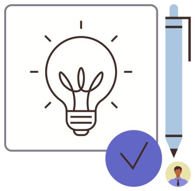 Parlak çizgiler, kalem, işaret ve inovasyon, fikirler ve karar verme mekanizmasını temsil eden kişi simgesine sahip ampul çizimi. Yaratıcılık, beyin fırtınası, üretkenlik takım çalışması için ideal.