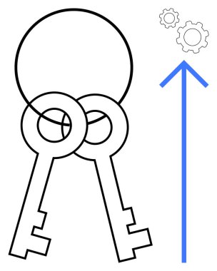 Mavi bir okun altında birbirine bağlı iki tuş yukarı doğru çevrilmiş ve arka planda dişliler var. Büyüme, yenilik, başarı, liderlik, çözümler, fırsatlar ve basit bir iniş sayfası için ideal