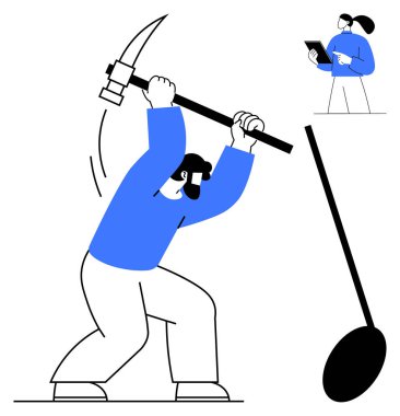 İşçi kazma kullanırken, yönetici tabletle gözlem yapıyor. Takım çalışması, denetim, el emeği, liderlik, üretkenlik, analitik, basit iniş sayfası için ideal