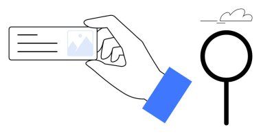 Elinde metin ve resim tutacağı olan bir kart, arama ve keşif için büyüteç. Kimlik, analiz, odaklanma, araştırma, soruşturma, bilgi, basit daire