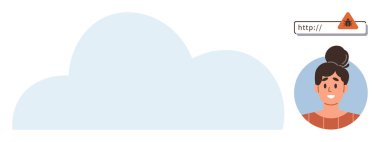 Tarayıcı çubuğunda alarm simgesi olan bir bulut ve siber güvenliği ve veri korumasını vurgulayan kadın avatarı. Dijital güvenlik, çevrimiçi mahremiyet, kullanıcı kimlik denetimi, güvenli tarama, kimlik tehdidi için ideal