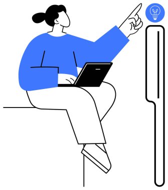 Dizüstü bilgisayarlı bir kadın, parlayan ampulü işaret ediyor, yaratıcılık, fikir, çoklu görev kavramı. Yenilik, eğitim, beyin fırtınası, sorun çözme üretkenlik stratejisi için ideal