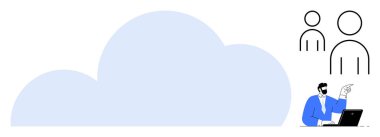 Büyük bulut, iki soyut figür, dizüstü bilgisayarı işaret eden profesyoneller. Takım çalışması, uzaktan çalışma, bulut hesaplama, dijital işbirliği, çevrimiçi iletişim, işyeri yeniliği için ideal